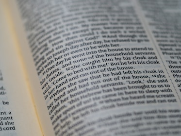 A close-up view of a page from a book, with text printed in two columns. The text is in English and is clearly visible, with some words highlighted through natural focus effects.