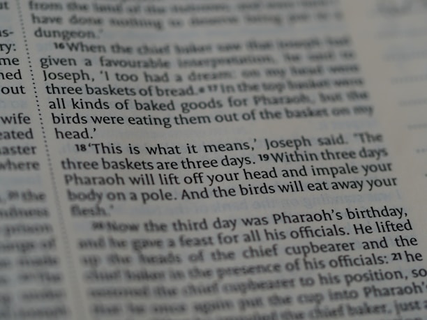 A close-up view of a page from a book, containing text in English. The text describes a biblical event involving Joseph interpreting a dream about three baskets of bread and birds eating from them.