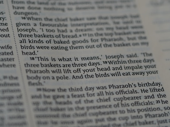 A close-up view of a page from a book, containing text in English. The text describes a biblical event involving Joseph interpreting a dream about three baskets of bread and birds eating from them.