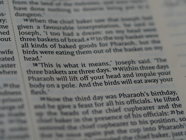 A close-up view of a page from a book, containing text in English. The text describes a biblical event involving Joseph interpreting a dream about three baskets of bread and birds eating from them.