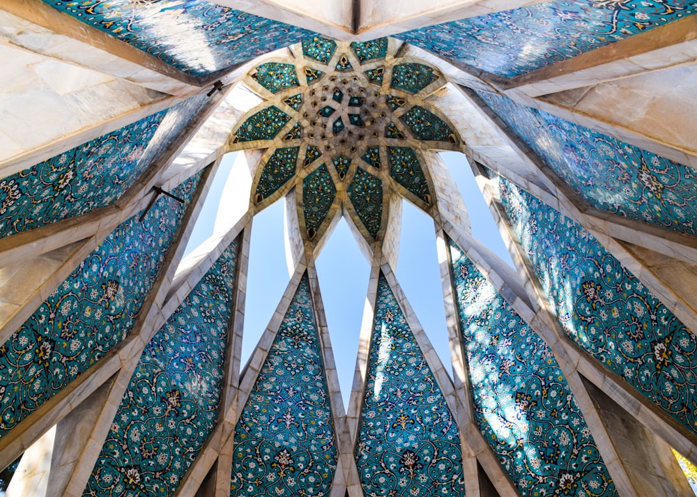 white and blue floral ceiling