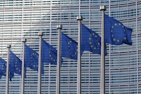 Several blue flags featuring yellow stars arranged in a circle, representing the European Union, are displayed in a row against the backdrop of a modern architectural facade with glass and metal elements.