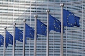 Several blue flags featuring yellow stars arranged in a circle, representing the European Union, are displayed in a row against the backdrop of a modern architectural facade with glass and metal elements.