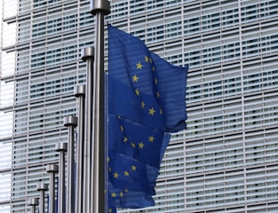 Several European Union flags with blue backgrounds and yellow stars are mounted on metal poles in front of a modern building with a grid-like facade.