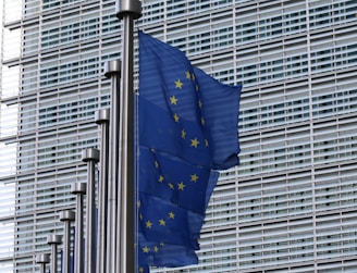 Several European Union flags with blue backgrounds and yellow stars are mounted on metal poles in front of a modern building with a grid-like facade.