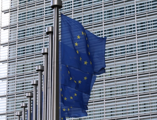 Several European Union flags with blue backgrounds and yellow stars are mounted on metal poles in front of a modern building with a grid-like facade.