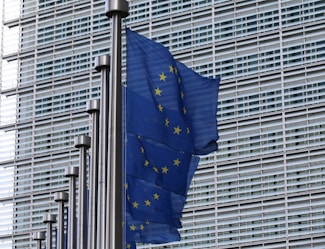 blue flag on pole near building during daytime