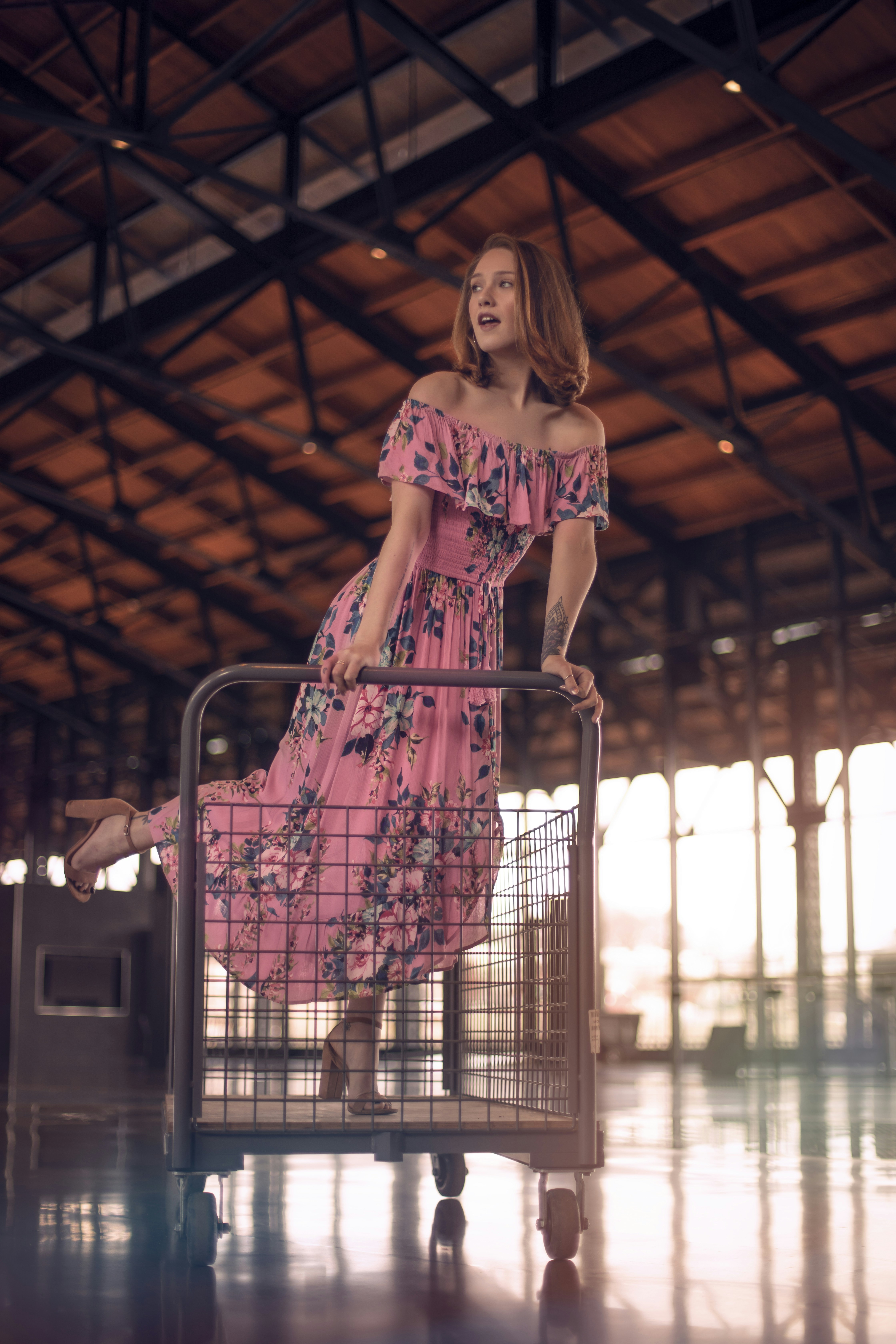 great photo recipe,how to photograph woman in red and white dress standing on a ladder