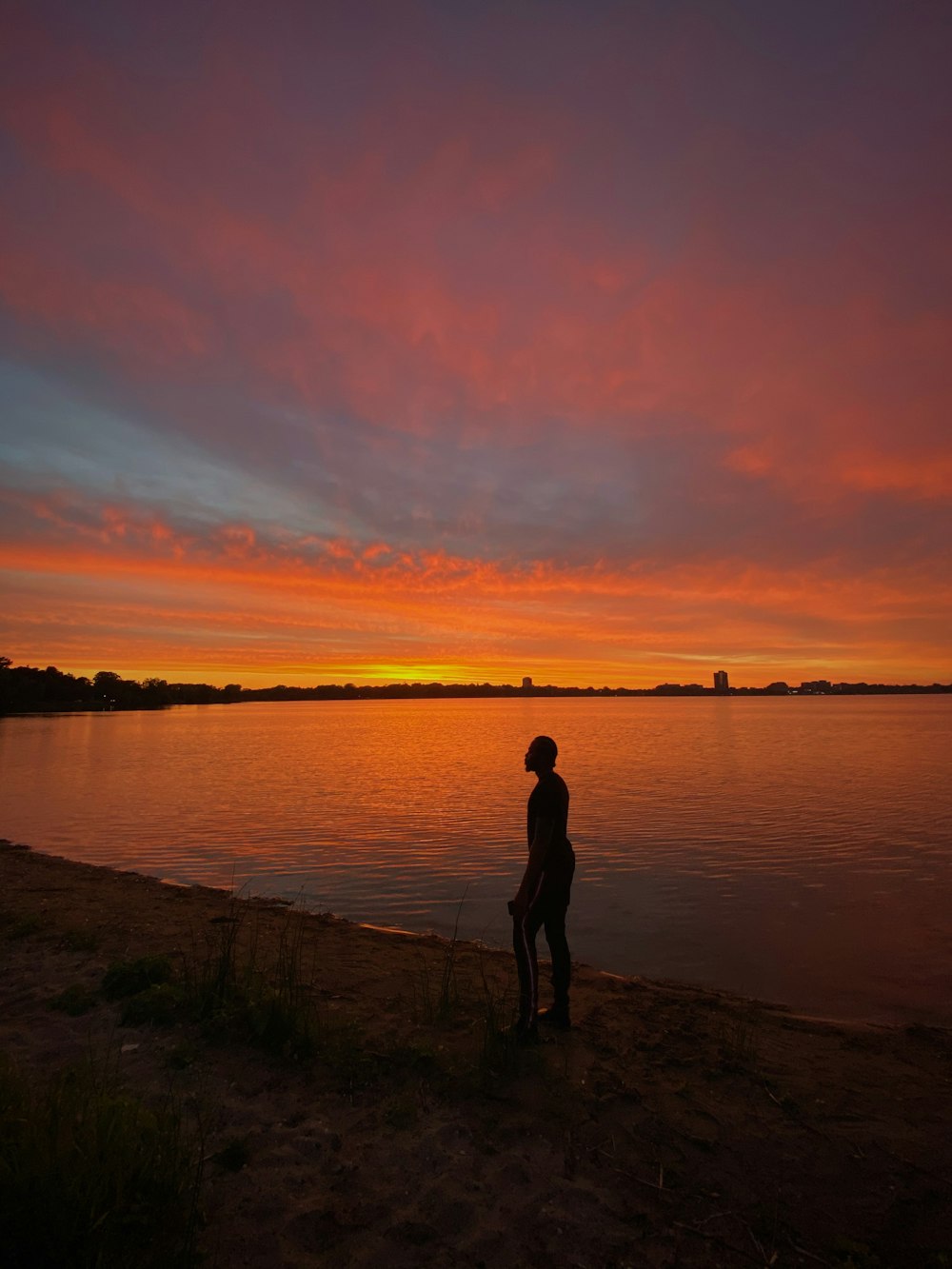 silhouette of person standing on seashore during sunset