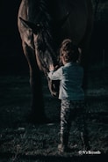 A smiling child gently interacting with a therapy horse in a sunny outdoor setting.