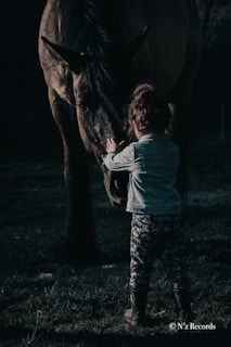 A young child is gently touching the face of a large horse, creating a moment of connection and tenderness. The scene is set outdoors on grass, with the child wearing a light denim jacket and floral pants. The lighting suggests an early morning or late afternoon setting, casting long shadows.