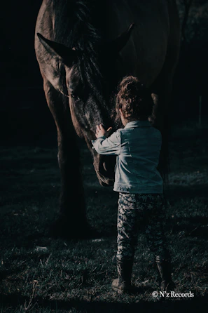A child gently brushing a horse, eyes closed, feeling peaceful and safe.