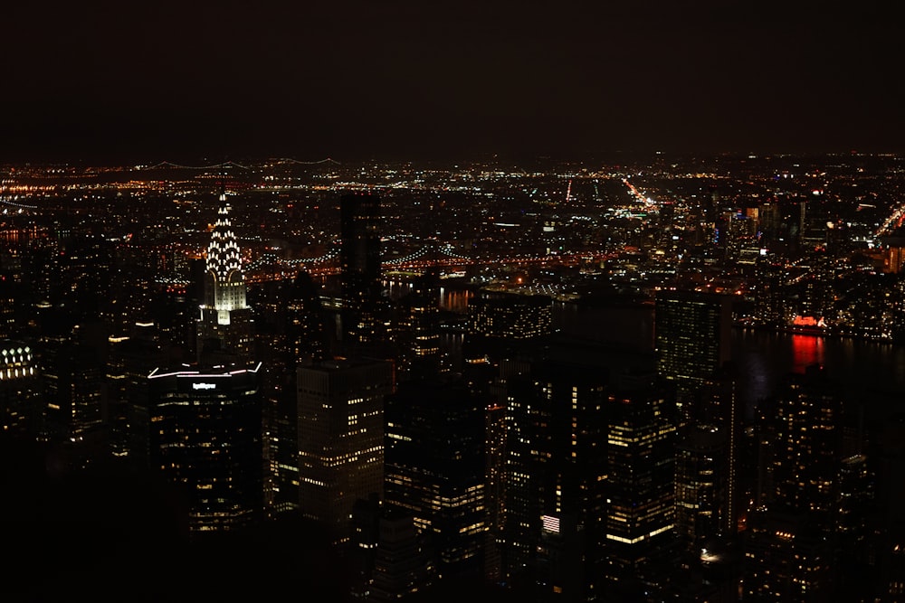 aerial view of city buildings during night time