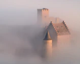 A shadowy ancient castle at dusk with eerie fog surrounding its towers.