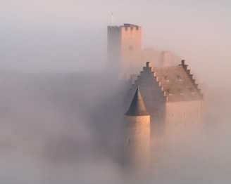 A dark castle shrouded in fog, evoking mystery and intrigue.