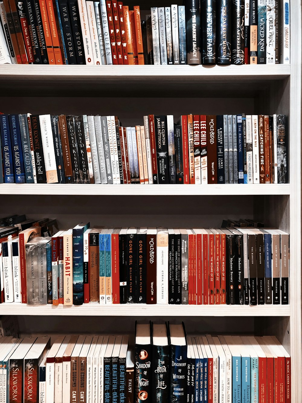 books on white wooden shelf