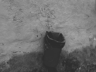A weathered wall with graffiti text reading 'AMOR' in black, accompanied by an arrow pointing downwards. Below the graffiti, a black plastic trash bag is placed inside a metal trash can attached to the wall. The scene is monochromatic, depicting an urban and slightly gritty environment.