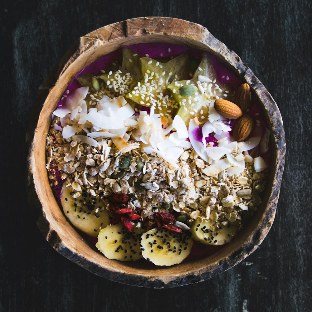 brown and white round bowl with food