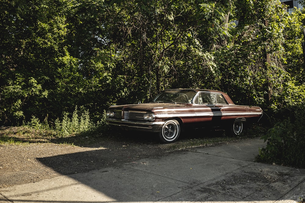 red and black muscle car parked on the side of the road