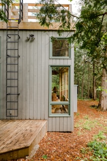 A modern wooden house is partially visible, featuring vertical siding painted in a soft gray color. A black metal ladder is mounted on the side, leading up to a wooden rooftop deck with a railing. Large green-framed windows create a connection between the indoors and outdoors, revealing glimpses of wooden furniture inside. The house is surrounded by lush forest, with a wooden deck extending from the base onto a carpet of fallen leaves.