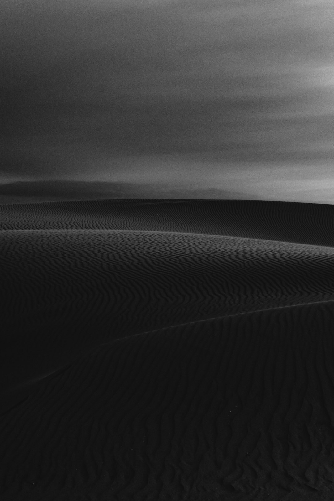 grayscale photo of desert under cloudy sky