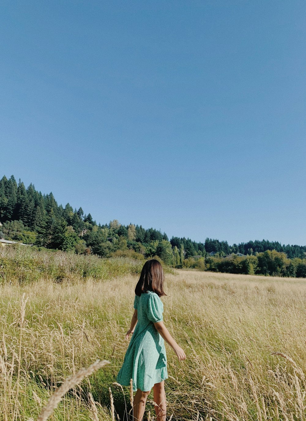 woman in green dress walking on brown grass field during daytime