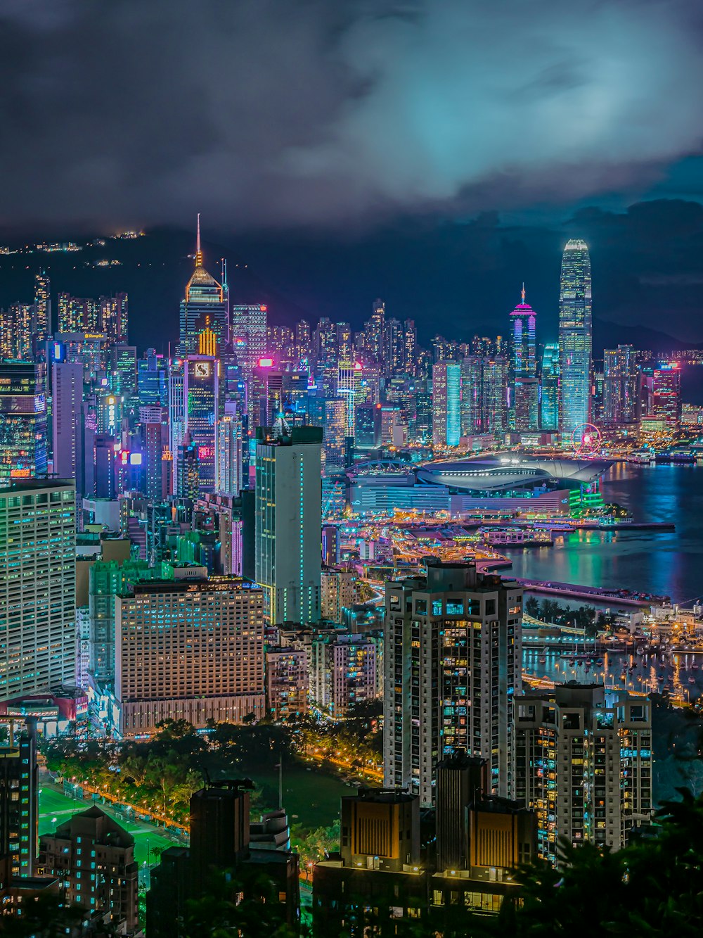 city skyline during night time