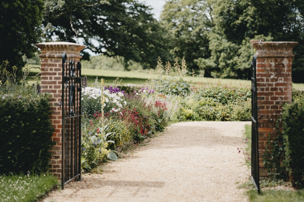 brown wooden gate near green grass and trees during daytime