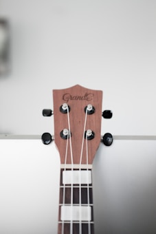 Close-up view of a guitar headstock with strings, tuning pegs, and a wooden finish. The brand name is visible on the headstock against a plain, light-colored background.