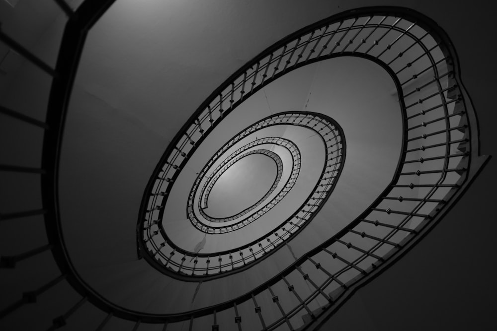 white spiral staircase with blue ceiling