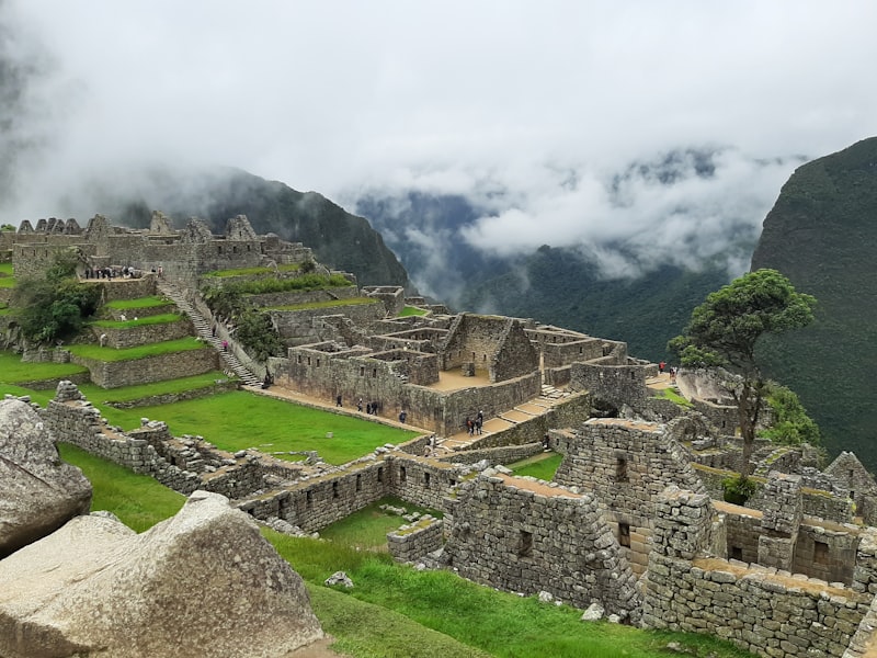Stone terraces of Machu Picchu on a misty morning
