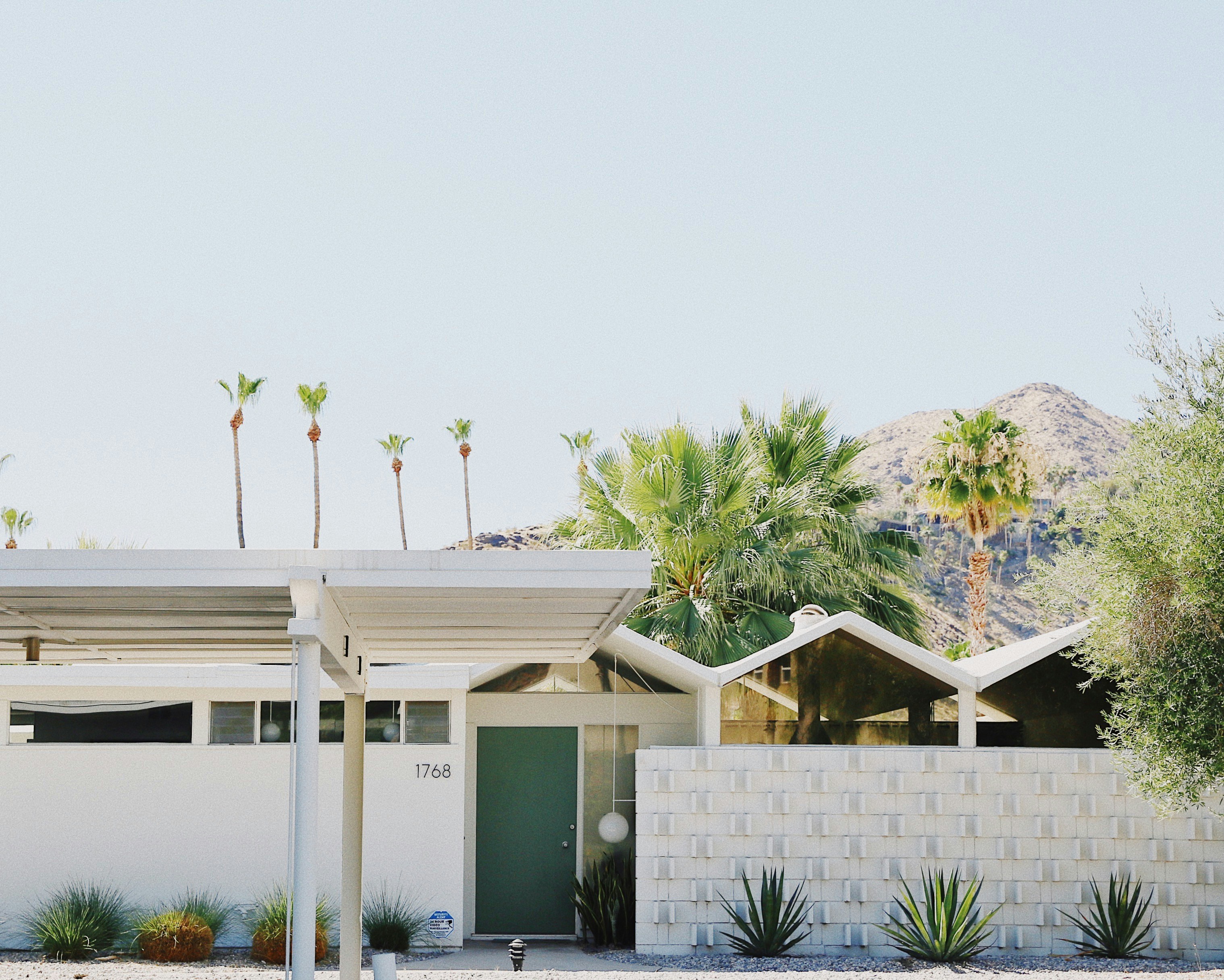 white and brown house near green trees under white sky during daytime midcentury modern teams background