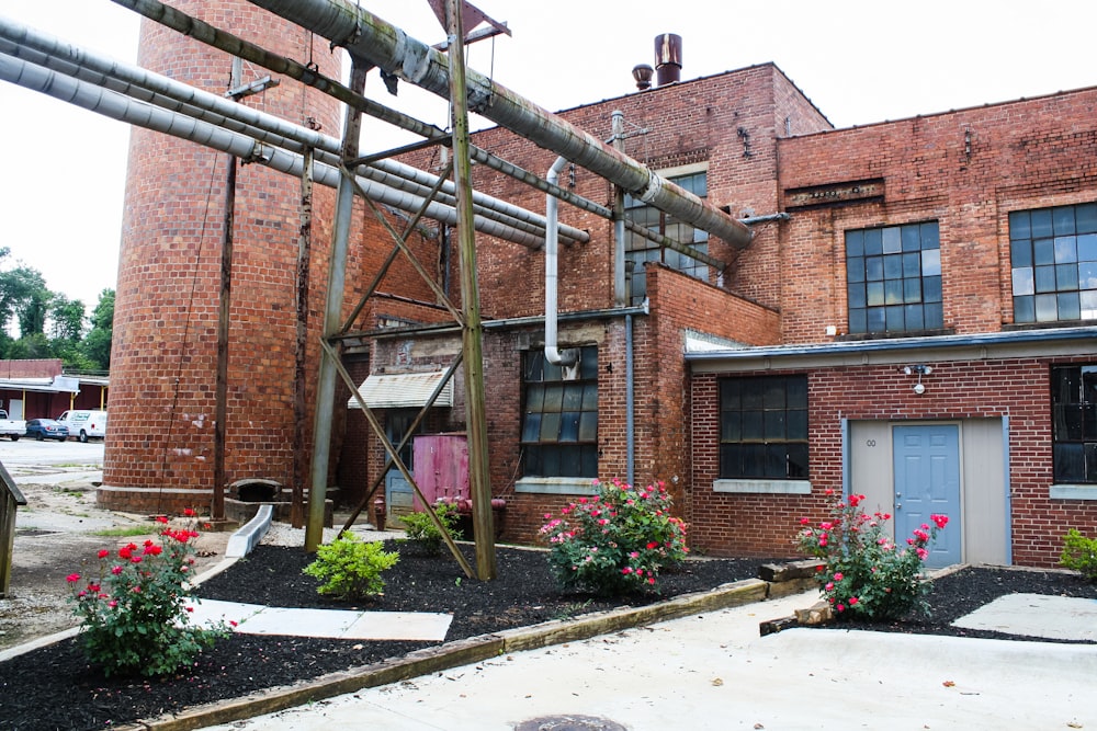 Bâtiment en brique brune avec des plantes vertes