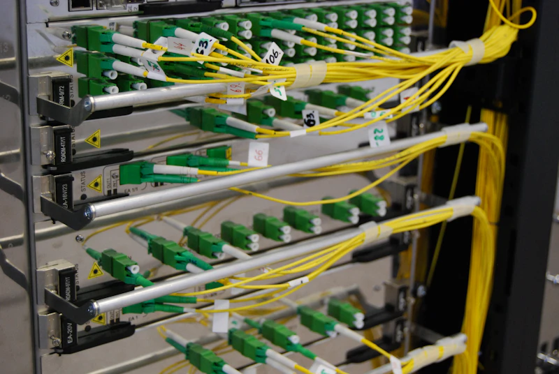 Fiber optic patch panel with yellow and green LC connectors