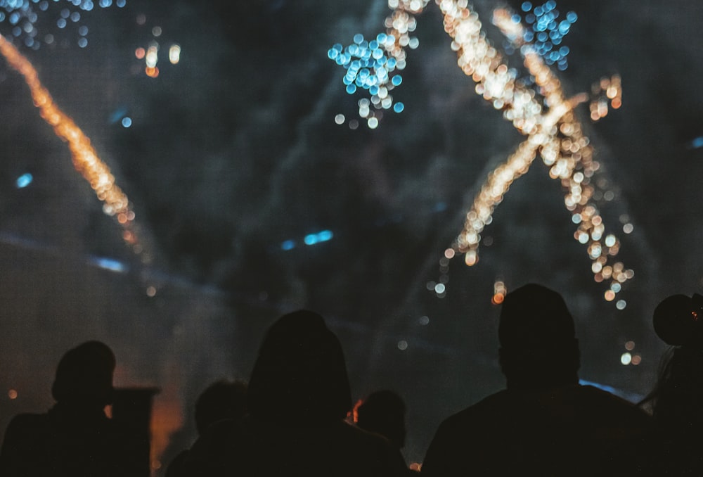 pessoas assistindo à exibição de fogos de artifício durante a noite
