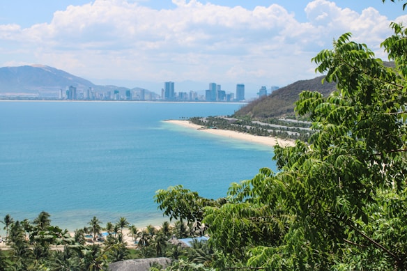 A coastal city skyline across a calm ocean, with a sandy beach stretching along the shoreline. The foreground features dense green foliage, with palm trees lining the beach. Beyond the beach, tall modern buildings rise against a backdrop of mountainous terrain. Fluffy clouds are scattered across the blue sky.