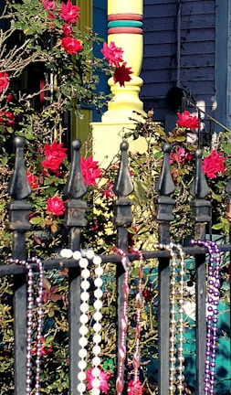 A wrought iron fence adorned with hanging beads is set against a backdrop of vibrant red flowers and green foliage. In the background, a brightly painted wooden pillar in yellow and turquoise is visible, adding a lively touch.
