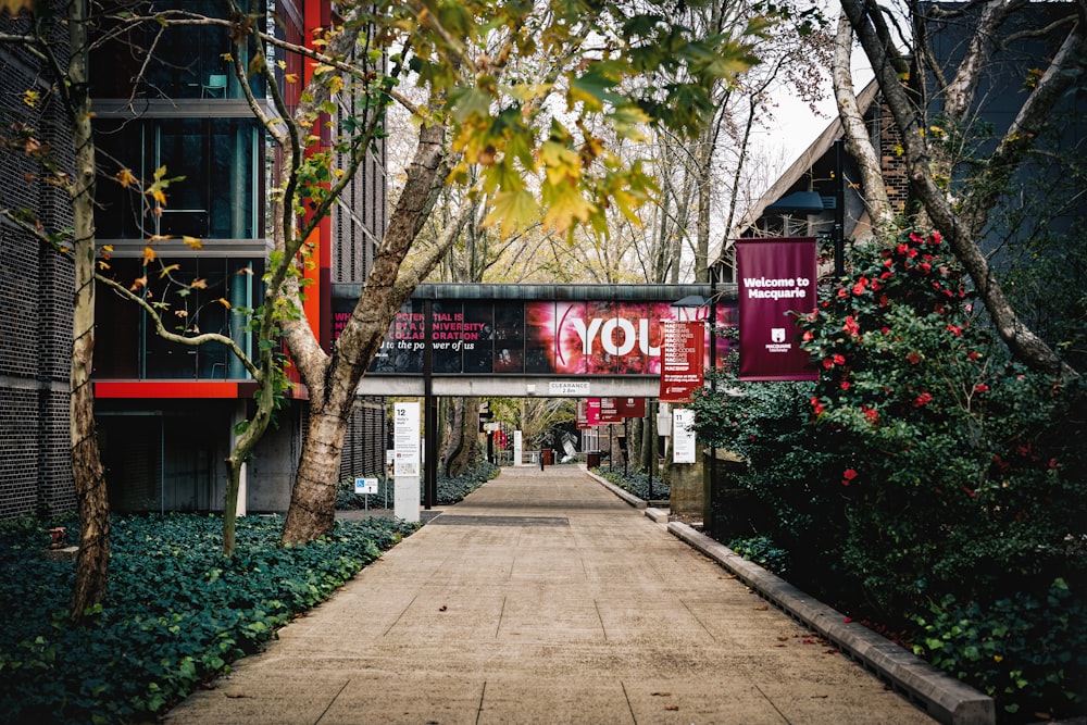 red and white concrete building near green trees during daytime