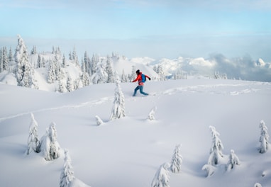 person in red jacket and black pants walking on snow covered ground during daytime