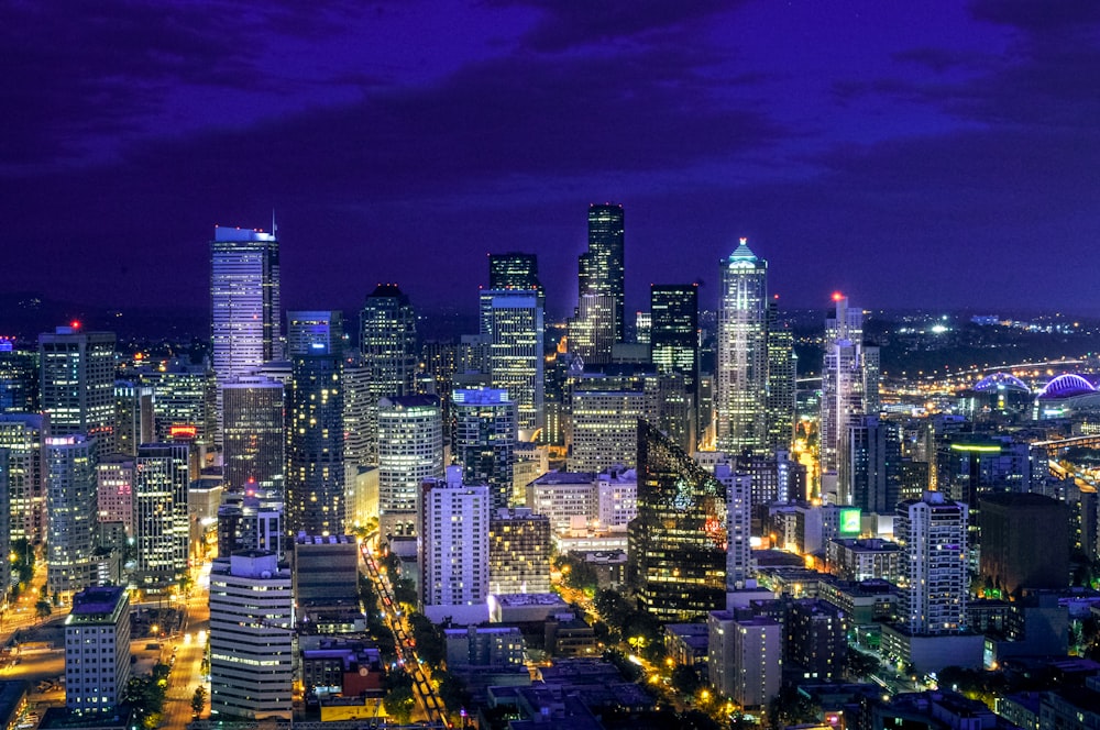 city skyline during night time