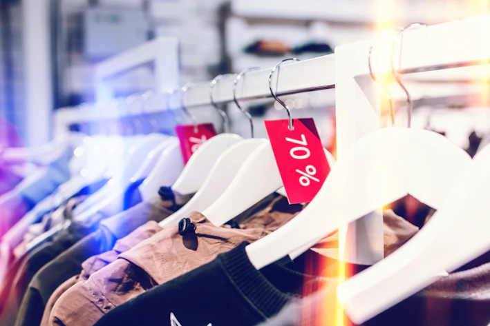 A stylish display of men's jackets hanging on a rack with discount tags.