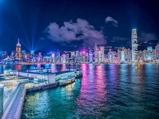 city skyline during night time