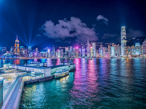 city skyline during night time