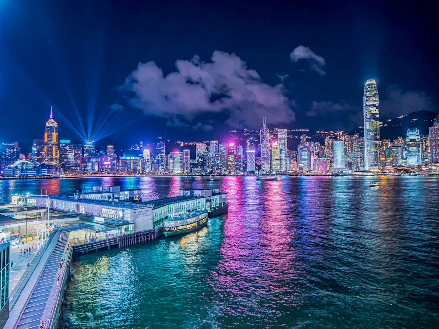 Hong Kong Central waterfront promenade near MTR exit at dusk
