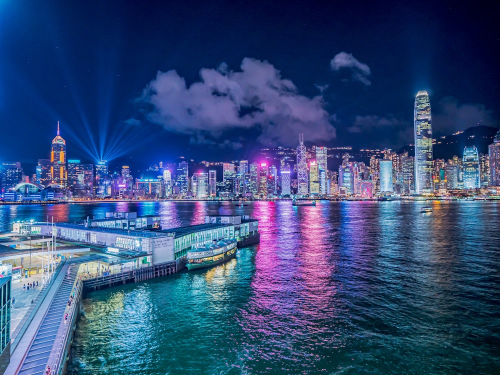 city skyline during night time