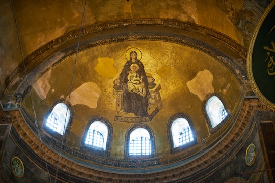 gold and blue cathedral ceiling in Hagia Sophia Turkey