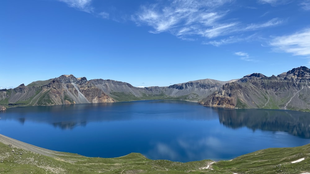 a blue lake surrounded by mountains under a blue sky