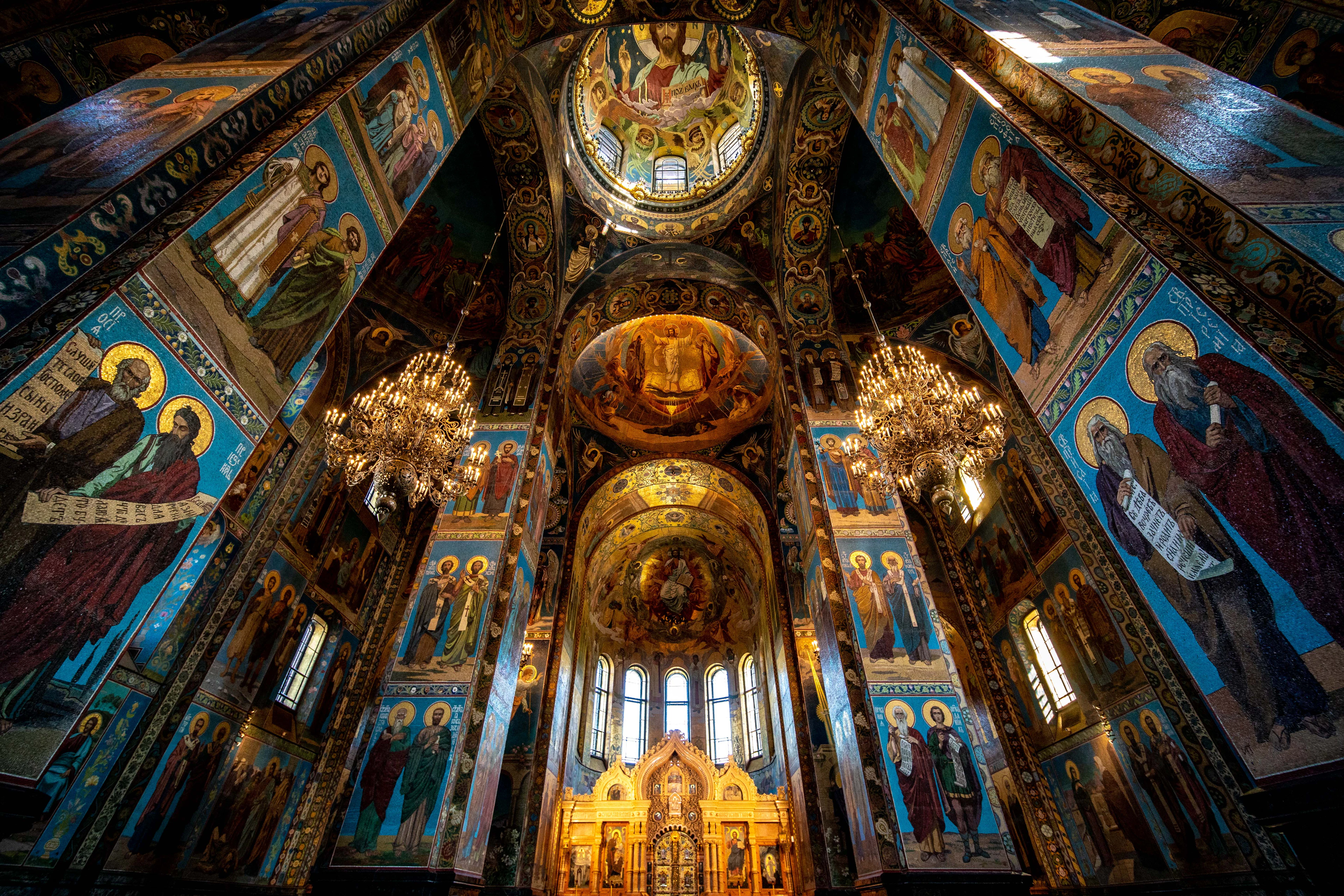 Blue and gold cathedral with glass windows