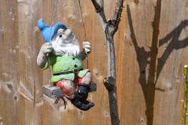 A gnome statue with a white beard, green shirt, red pants, black boots, and a blue hat is sitting on a swing attached to a tree branch. The background consists of a wooden fence.