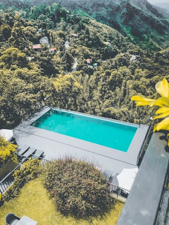 Spacious outdoor pool area with jacuzzi and waterfall surrounded by lush greenery at Lionsgate.